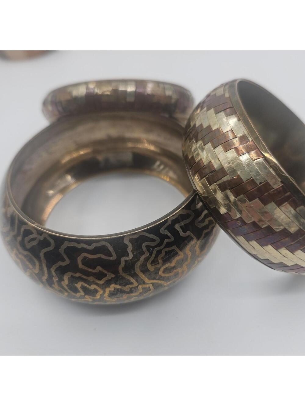 Vintage Artisan Brass Copper Inlay Bangle Bracelet Lot of 3 Boho Tribal 2.75"